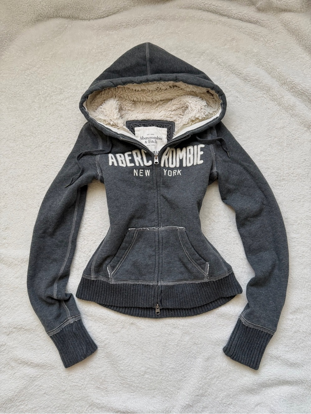 Abercrombie & Fitch Dark Gray Sherpa-Lined Hooded Zip Jacket